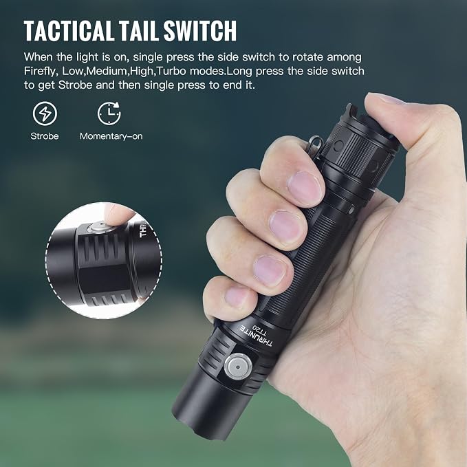 ThruNite TT20 Tactical Flashlight, 2010 Lumens High Power LED Flashlight, USB-C Rechargeable Flashlights with Dual Switch & 6 Modes, IPX8 Aluminum Handheld Light for Hunting Camping Emergency