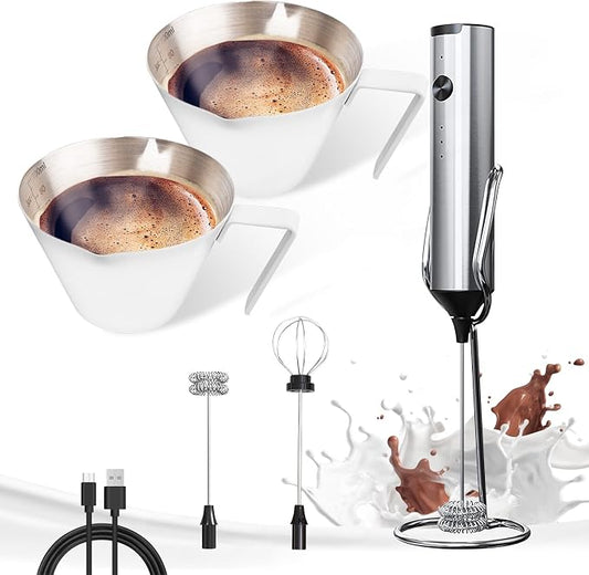 YARRAMATE Silver Powerful Milk Frother Wand & 100ML Metal Measuring Cups