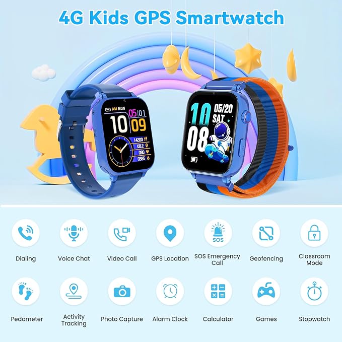4G Kids Smart Watch Phone GPS, Smartwatch for Boys Girls Ages 4-12 Years with Video Call Chat Class Mode SOS Camera Alarm Games Parental App Touch Watch Gifts for Children (Includes SIM Card) Blue