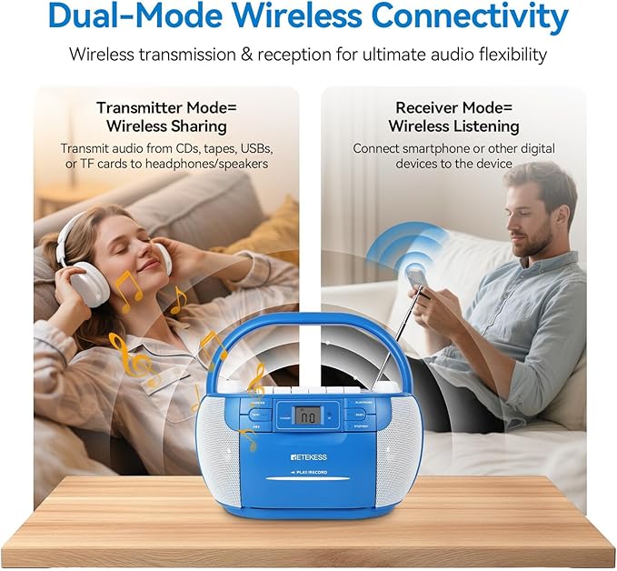 Retekess TR621P CD Player Boombox,Cassette Tape Player,Wireless,AM/FM Radio,Remote Control,Stereo Sound,Tape Recording, USB/TF,AC/D Battery Powered for Home