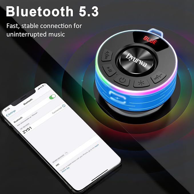 Bluetooth Shower Speaker, Waterproof Shower Speaker Bluetooth 5.3 Loud Clear Sound with Suction Cup, Built-in Mic, Digital Display/RGB Lights, IPX7 Bathroom Speaker for Outdoor/Pool/Beach/Party/Gift.