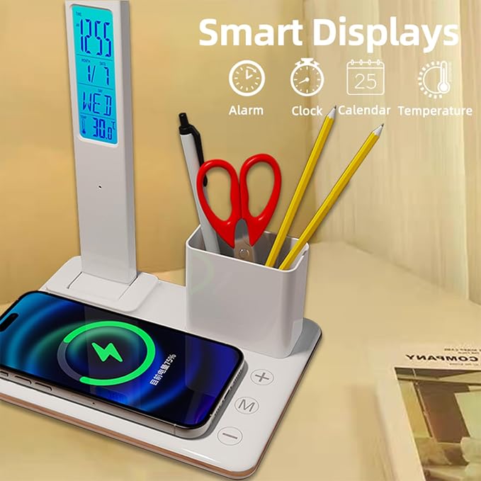 Multifunctional Wireless Charging Bedside Lamp with Digital Display,15W Fast Charger&Alarm Clock,Dimmable Touch Control,Multi-Angle Adjustable Desk Lamp for Home and Office,HYT1771 White.