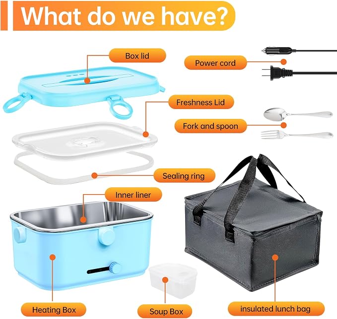 Heated Electric Lunch Box for Adults, 80W Portable Food Warmer with 1.8L Stainless Steel Container, Utensils, Carry Bag & Leakproof Lid, 12V/24V Car/Truck & 110/120V Home/Office (Light Blue)
