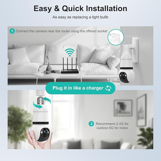 Hawkray Light Bulb Security Camera, 2 Pack, 2.4GHz & 5GHz Dual Band WiFi, 2K Full Color Night Vision, 360° Pan Tilt Wireless Indoor Outdoor Camera with Motion Detection, Two-Way Audio, Siren Alarm