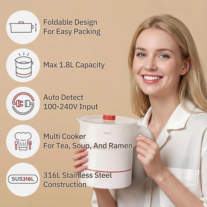 Foldable Travel Electric Kettle 1.8L 100-240V Auto Detect Dual Voltage 316L Stainless Steel Base Collapsible Portable Water Boiler Multi Cooker for Hotel Office Camping RV Dorm Steam Tray