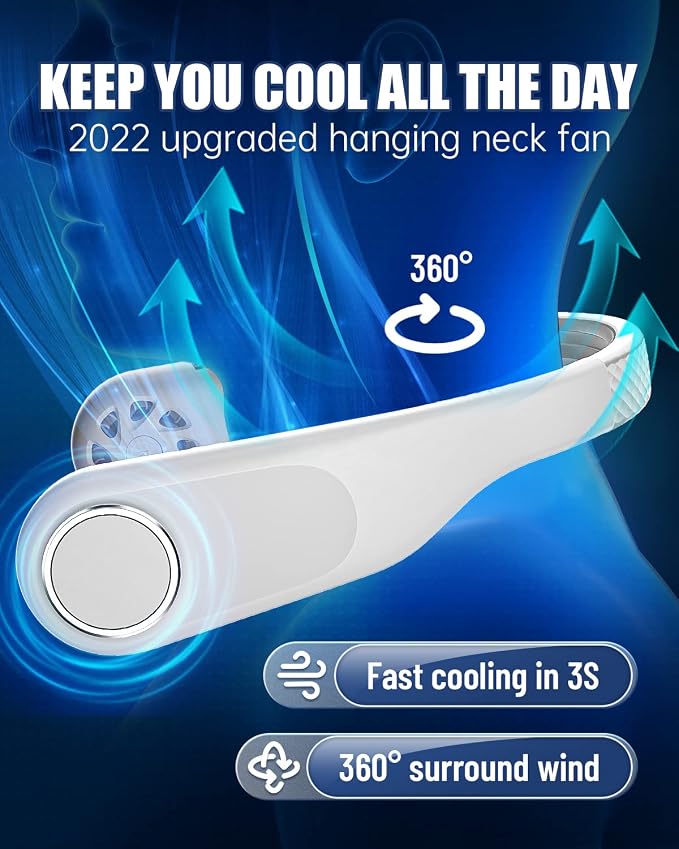RIYA Bladeless Neck Fan - 5200mAh Battery Operated Fan Rechargeable - Personal Portable Fan - 360° Cooling USB Wearable Fan - Low Noise, Up to 20Hrs Use Time Hanging Around Neck Fans (White)
