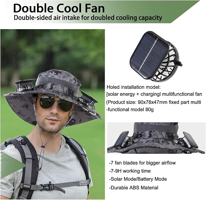 Outdoor Solar Powered Fan Hat for Men Women Breathable Wide Brim Hat with 2 Fans UPF 50+ Fishing Hat Beach Bucket Sun Hat