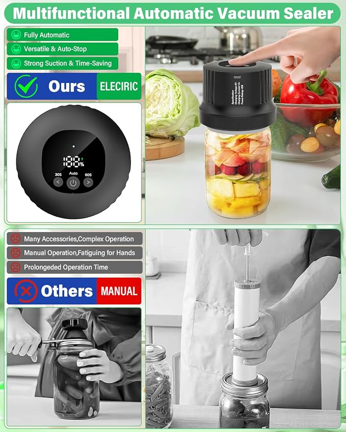 Mason Jar Vacuum Sealer Kit-Fully-Automatic-Canning-Jar-Sealer-Vacuum-Sealing,2025 Upgraded Electric Vacuum Sealer for Wide&Regular Mouth Mason Jars/Canning &Sous Vide Bag/Jar Sealer Machine for Food