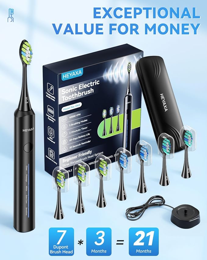 Sonic Electric Toothbrush, Dad Gifts, Fathers Day Gift, Birthday Gifts for Men, 60-Day Battery Life Rechargeable Power Toothbrush with 5 Modes, 2-Min Smart Timer, 7 Brush Heads & Travel Case (Black)