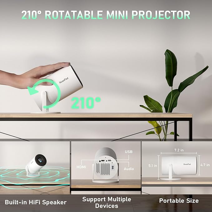 【Bone white Projector & Built-in Apps】XuanPad Mini Projector with Wi-Fi and Bluetooth, Full HD 1080P Smart Portable Projector with 210° Stand, Auto Vertical Keystone, Compatible with HDMI/USB/TV Stick
