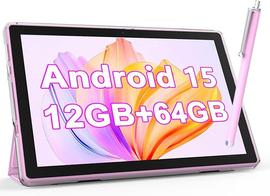 NOVOJOY Tablet 10 Inch Android Tablets with Case and Stylus Android 15 Tablet with Cover 2MP+8MP Dual Camera 6000mAh Battery 12GB RAM(4GB+8GB Expansion) 64GB ROM 5Gwifi-6 10.1" Tablets (Pink)