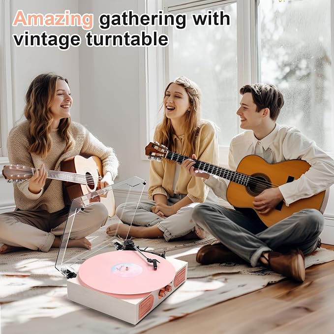 Vinyl Record Player with Built-in Speakers 3-Speed Vintage Record Player Support Treble& Bass Control, 3.5mm Headphone Jack, RCA-Out/Aux in, Belt-Driven LP Turntable,White Rose Gold