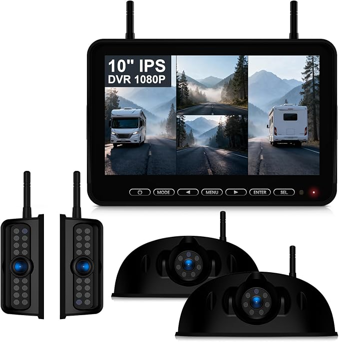Fookoo HD 10" Wireless 4 RV Backup Camera System for Furrion Pre-Wired RV Truck Trailer, 10" IPS Monitor, 2 Side View 2 Rear View Cameras, Split Screen IR Night Vision Recording Waterproof - D10Y4
