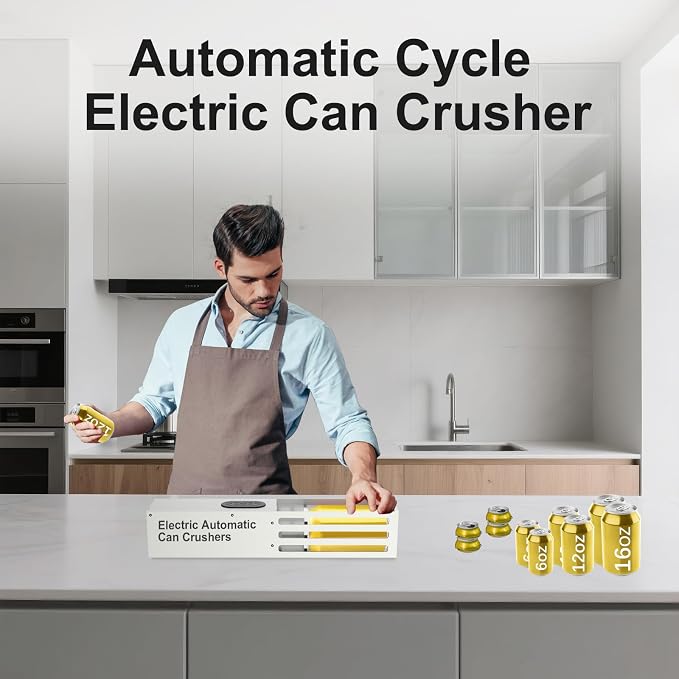 Automatic Can Crusher, Electric Can Crushers Wall Mounted for Recycling 8oz, 12oz & 16oz Cans, Fill 1 can at a Time, for Recycling Aluminum Seltzer, Cola, Beer Cans