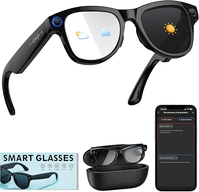 Smart Glasses with Camera with 3600mAh Charging Case, 8MP HD Video Recording with Anti-Shake POV Camera, AI Voice Assistant, AI Smart Glasses with AI Translation for Travel Vlog Business
