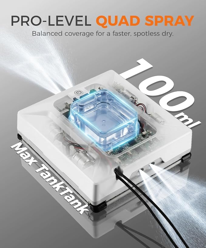 FRUITEAM Automatic Window Cleaning Robot with Smart Edge Recognition and Path Planning, with 4 Water Spray, APP and Remote Control, Triple Safety System Anti-Drop for Windows, Doors & Glass