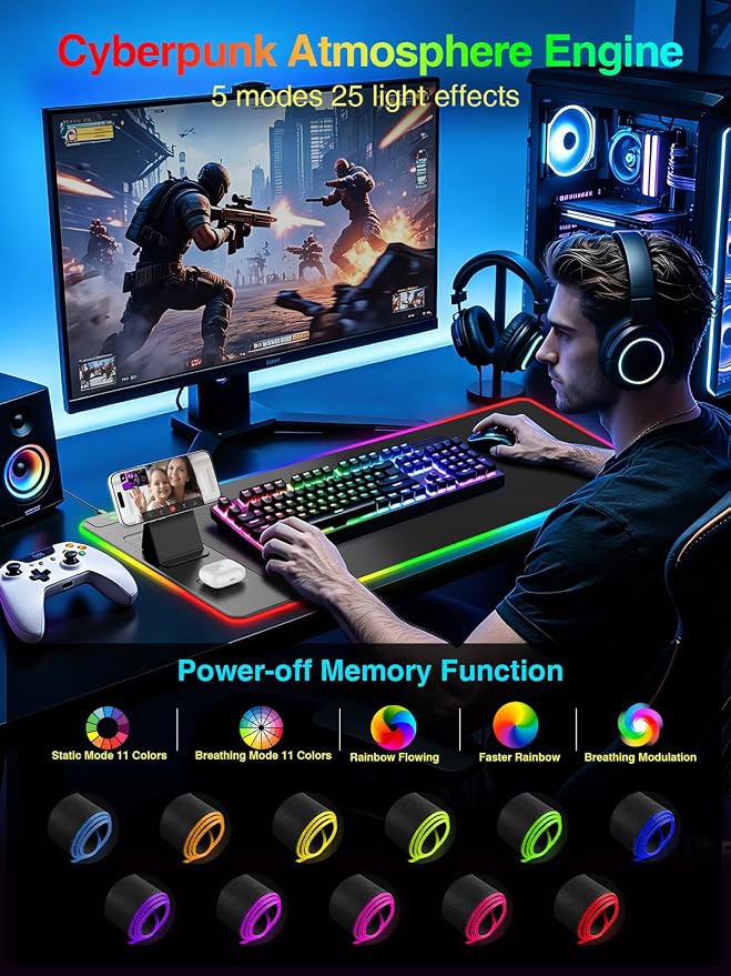 RGB Gaming Mouse Pad with Magnetic Wireless Charging & Phone Stand, 31.5"x15.8" Large, 25 Light Effects, Non-Slip Base, Waterproof Ultra-Smooth Surface, No Adapter