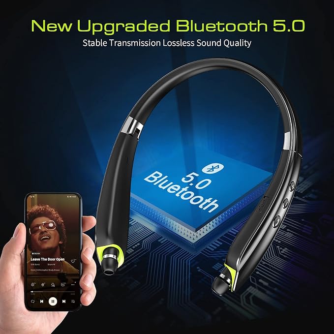 Bluetooth Headset, 2026 Upgraded Neckband Bluetooth Headphones with Retractable Earbuds, Noise Cancelling Stereo Earphones with Mic, Foldable Wireless Headphones for Sports Office w/Carry Case(Black)
