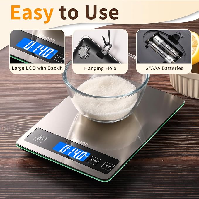 Food Scale, 15kg/33lb Digital Kitchen Scale with Stainless Steel & Tempered Glass, 1g/0.05oz Precise Weighing, Splash-Resistant and Sturdy Surface, for Cooking, Baking, Weight Loss, Meal Prep