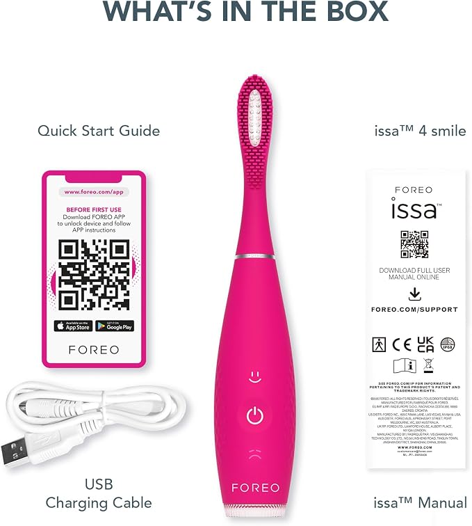 FOREO ISSA 4 Smile Electric Toothbrush – Compact & Travel-Friendly, 4-in-1 Hybrid Brush Head, Tough on Plaque, Long Battery Life (265 Days), 6-Month Brush Head Replacement – Wild Strawberry