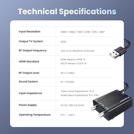 [Upgrade]kurtmark HDMI to RF Modulator with 1.2M HDMI Cable & Power Adapter,Plug and Play Coax RF Converter for TV, 1080P PLL Control NTSC Output CH3/CH4 RF Converter for Antenna TVs and Game Consoles