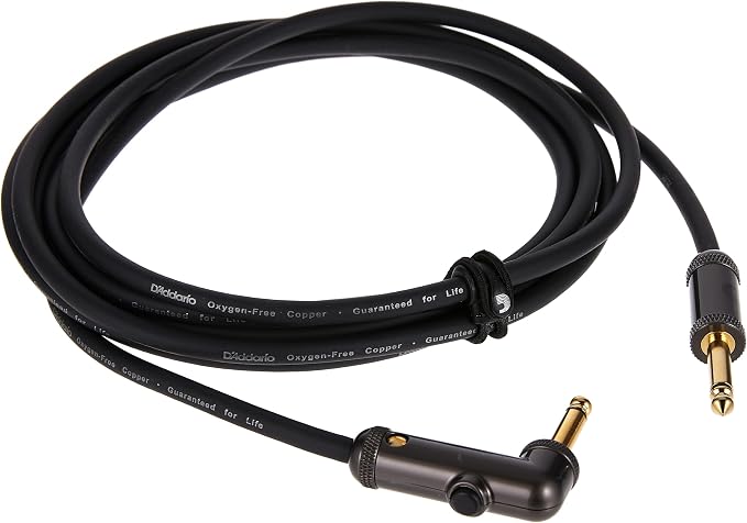 D'Addario Guitar Cable - Guitar Lead - Gold Plated - 1/4 Inch Male to 1/4 Inch Male - Circuit Breaker Cable - 10 Feet/3.05 Meters - Straight End/Right Angle - 1 Pack