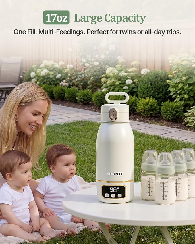 Portable Bottle Warmer for Travel, Fast Baby Bottle Warmer On the Go with Precise Temp Control, 17 OZ Milk Warmer, Leak-Proof Cordless Breastmilk Warmer, Fits Most Bottles, Ideal Newborn Baby Gift
