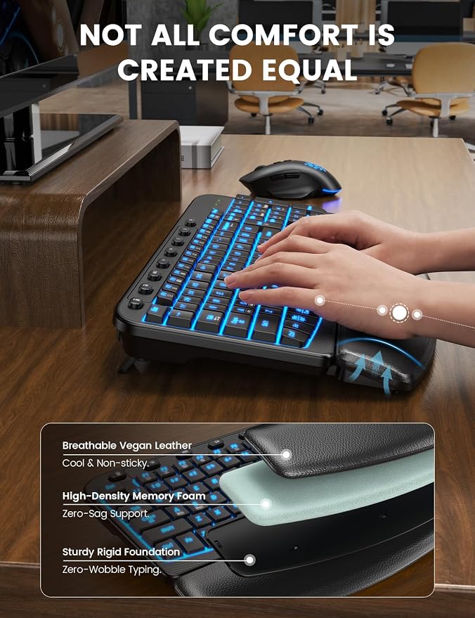 SABLUTE Wireless Keyboard and Mouse Combo Ergonomic - MA12Pro Wave Keyboard with Leather Wrist Rest for Comfortable Typing, RGB Backlit Rechargeable for Windows, Mac, PC, Laptop