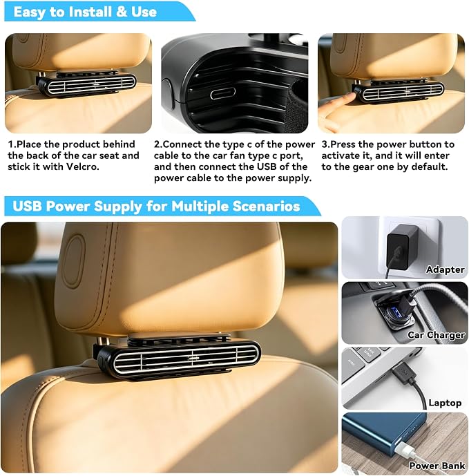 4PCS Car Seat Fan, Portable Car Fans for Backseat for Kids, USB Rechargeable Backseat Neck Cooling Air Conditioner Cooler Vent Clip on Fan with 3 Adjustable Wind Speeds Device for All Cars-Black