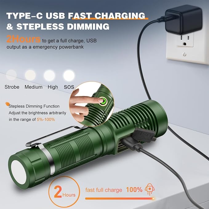 Hoxida Small Tactical Flashlights High Lumens - 1500 Meters Long Beam Super Bright LED Magnetic Flashlight USB Rechargeable Zoomable 5Modes Long Beam Spotlight Flashlight for Hiking, Camping-Green