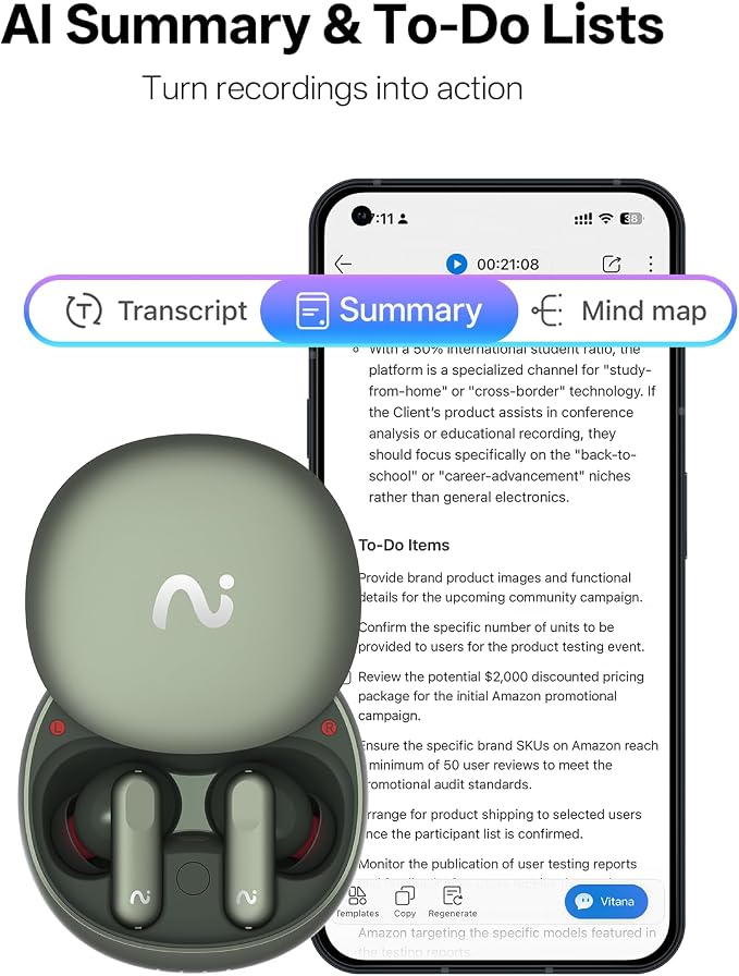 Nano+ AI Voice Recorder Earbuds: Pocket Note Taker for Meetings, Calls & Lectures. Real-time Transcription, 45dB Hybrid ANC, AI Assistant for Productivity, AES-256 Secure, Green