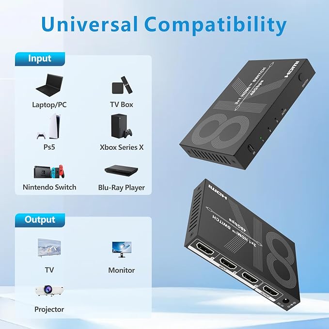 8K HDMI Switch 3 in 1 Out 4K@120Hz HDMI Switcher Support HDR10+, Dolby Vision, Dolby Atmos, VRR, ALLM, CEC