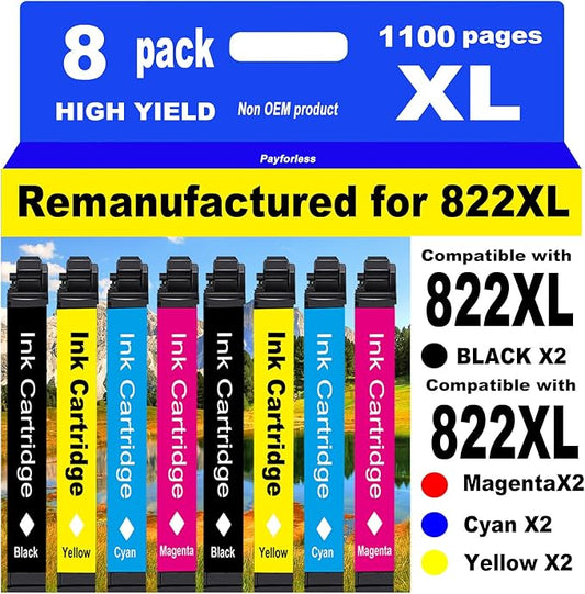 PayForLess Remanufactured Ink Cartridges Replacement for Epson 822XL Ink Cartridges for 822 XL T822 Workforce Pro WF-3820 WF-3823 WF-4820 WF-4830 WF-4833 WF-4834 Printer 8 Pack