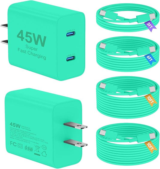 Super Fast Samsung Charger Type C, 2Pack 45W Dual Port USB C Fast Charger Block with Long 60W 3/6/10/10FT USB C to C Cable for Samsung Galaxy S25/S25 Ultra/S25+/S26/S24 Ultra /S24/S23/iPhone 17-Green