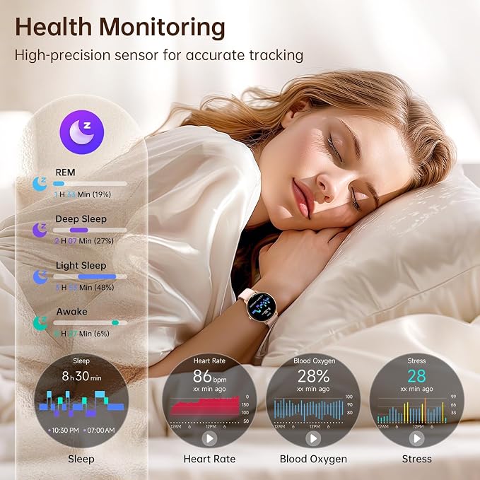 Smart Watch for Women, 1.27" HD AMOLED Smartwatch (Answer/Call) for iPhone/Android/Samsung, Fitness Tracker with 120+ Sport Modes, Heart Rate/Sleep/Health Monitor, IP68 Waterproof, 2 Bands