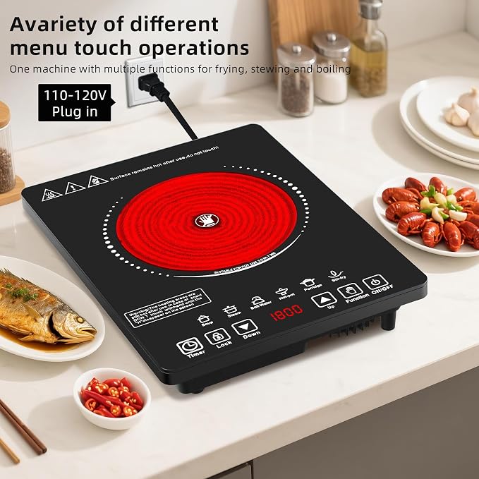 Single Burner Electric Cooktop,110V 1800W Electric Stove Top with LED Touch Control,9 Power Levels, 3 hTimer, Safety Lock,single burner cooktop Overheat protection