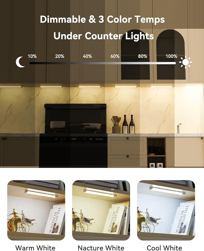 Under Cabinet Lighting 8 Inches Rechargeable Motion Sensor Light Indoor with Charge Station, 3 Color Dimmable Closet Light Battery Operated, Magnetic Under Counter Lights for Kitchen, 3-Pack