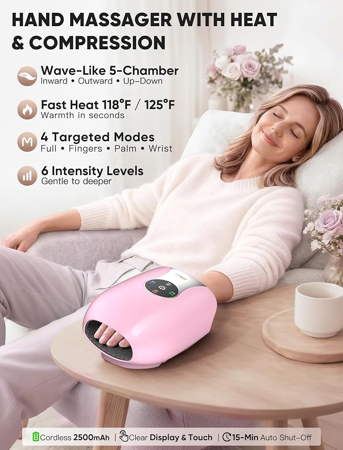 JZBRAIN Hand Massager with Heat and Compression : Cordless Heated Hand and Wrist Massager for Palm, Fingers, and Comfort Relief – 4 Modes 6 Intensities, Portable Rechargeable, Wife Husband (Pink)