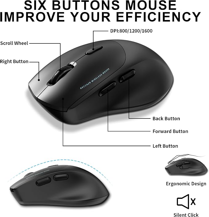 Wireless Keyboard and Mouse Combo,2.4G Full Size Wave Keys Ergonomic Keyboard with Wrist Rest for Natural Typing, 3 DPI Adjustable Ergonomic Mouse for Computer/Laptop/Windows/Mac (Black Graphite)