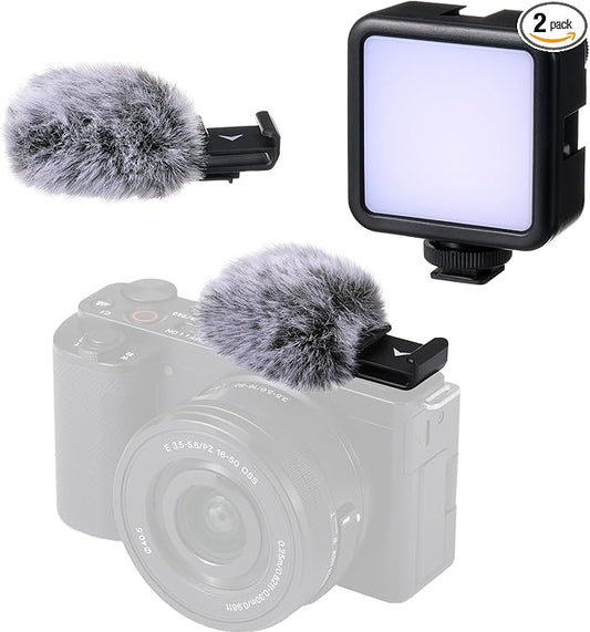 Cold Shoe Adapter with Wind Muff Windshield and Mini LED Video Light Compatible with Camera ZV-1F / ZV-E10 / ZV-1 / ZV-E1 / ZV-1 II