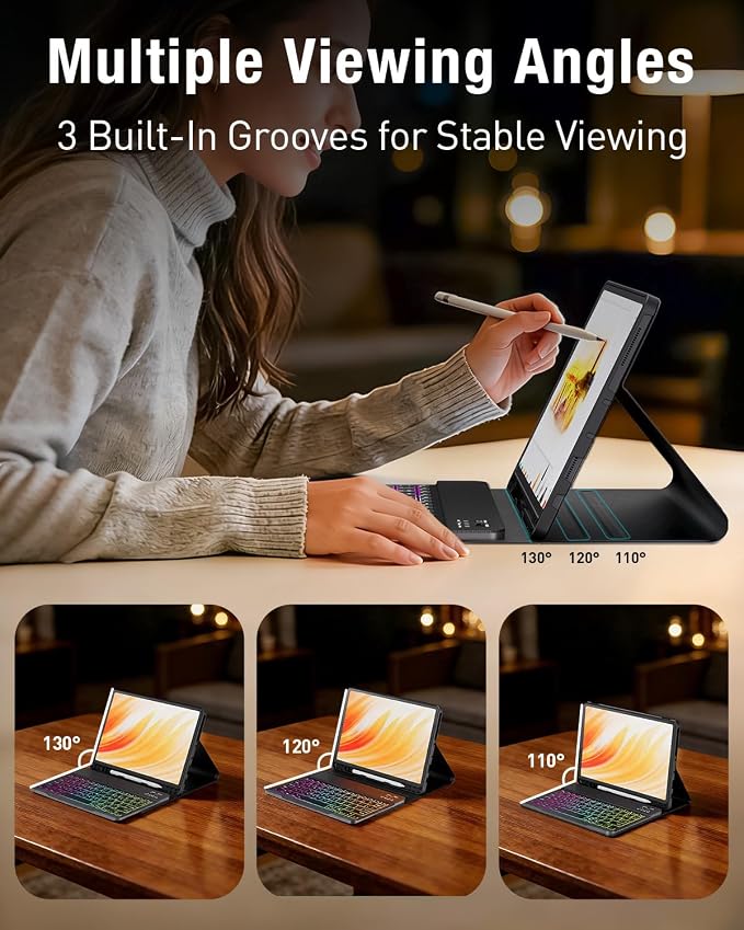 Keyboard Case for Samsung Galaxy Tab A11 Plus 11 Inch 2025/ A9+ Plus 2023 Tablet, Detachable Rainbow Backlit Wireless Keyboard and Mouse, Slim Stand Cover with S Pen Holder (Black Marble)