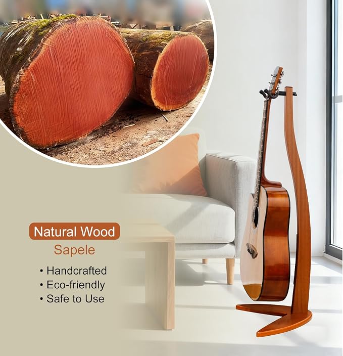 MUSO Guitar Bass Hanger Stand, Solid Wood Bow Holder Mermaid Shaped for Display and Storage, 42 inches Height Anti-scratched and Anti-bump, Deorate Studios, Living room and Stage (Sapele, 1)