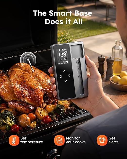 Smart Bluetooth Wireless Meat Thermometer Digital, Standalone Base, 6 Sensors Accuracy, Instant Read Food Thermometer for Kitchen, BBQ, Grill, Oven, Smoker, Grey