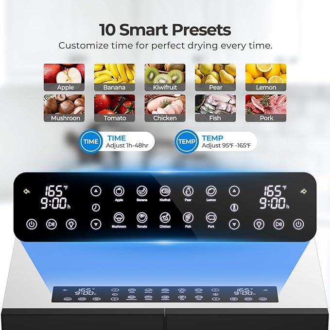 OSTBA Dual Zone Food Dehydrator, 20 Stainless Steel Trays, 1300W Dual Layer Food Dryer, 180℉ Adjustable Temp, 48H Digital Timer, 10 Presets for Jerky, Meat, Fruit, Herbs, Home & Commercial Use