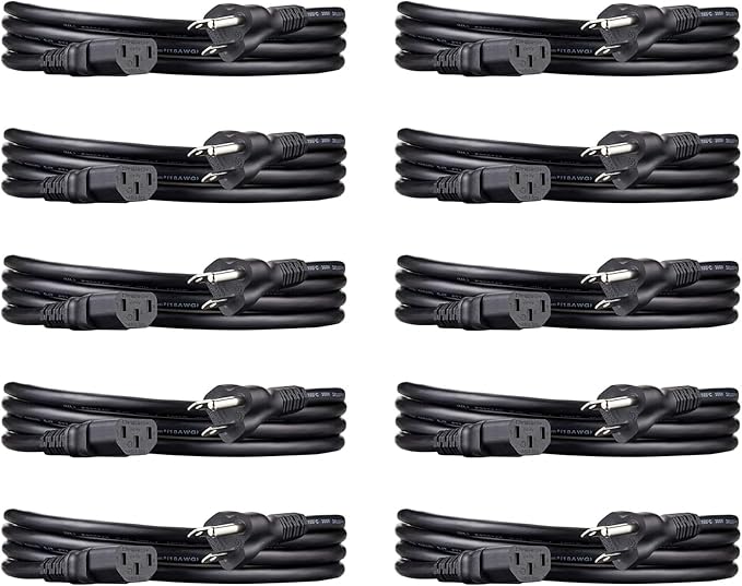 Amazon Basics PC Power Cord for Monitor, Computer, TV, 3 Prong, 18 AWG, 125 Volts, 6 feet, Black, 10-Pack, UL Listed