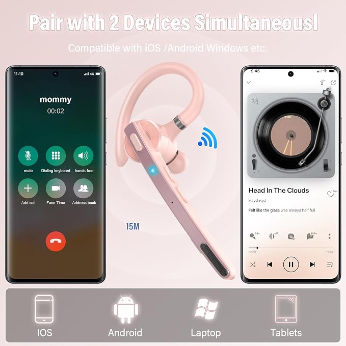 2026 Bluetooth Headset, Wireless Bluetooth 5.3 Earpiece, 90Hrs Single-Ear Headset with APTX HD Audio & Mute Button, Dual Noise Cancelling Mics, Hands Free Headphone for Trucker, Business, Gym, Pink