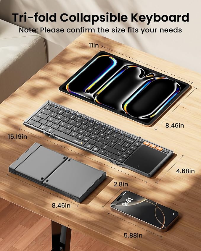 ProtoArc Foldable Keyboard with Touchpad, XK01 TP Folding Portable Keyboard, Full Size Keys, Large Trackpad Bluetooth Travel Keyboards for Laptop PC Tablet - Gray