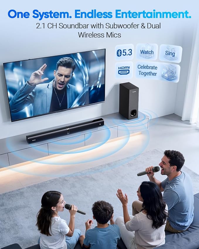 Soundbar with Subwoofer for TV, Home Theater Bluetooth 5.3 Speaker System with 2 Wireless Karaoke Mics, Surround Sound Audio with HDMI ARC, Optical, AUX, USB for Movie, Music, Family Party(Peak 240W)