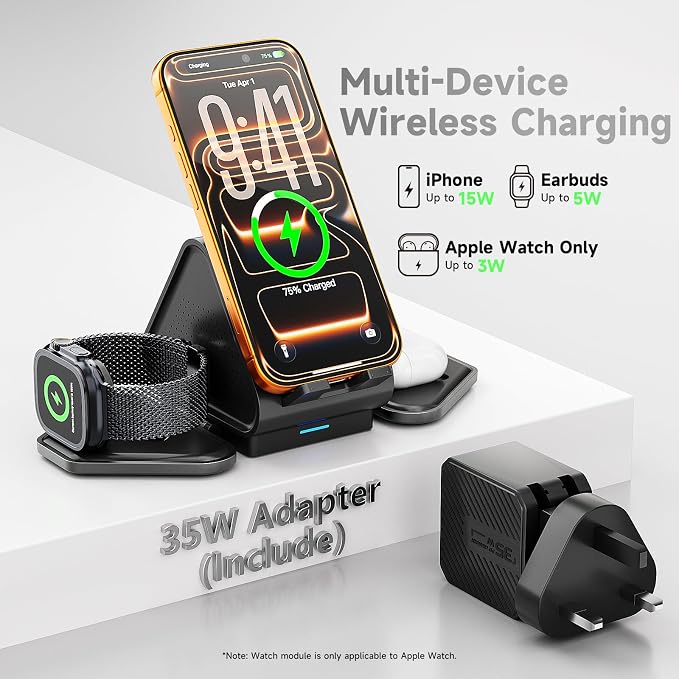 3 in 1 Charging Station, Mag Safe Wireless Charger Stand, Qi2-enable, 15W Multiple Device Magnetic Charging Station for iPhone 16,15,14,13,12 Series, Apple Watch, AirPods (USB-C Charger Included)