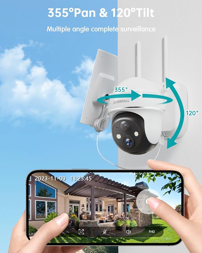 ZUMIMALL Solar Security Cameras Wireless Outdoor, 2K Camera for Home Security with 3MP Color Night Vision, 2.4GHz WiFi, 2-Way Talk, Spotlight & Siren, IP66 Weatherproof, Compatible with Alexa